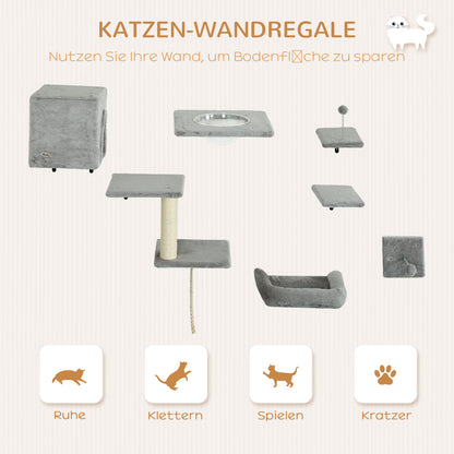 PawHut Kletterwand Katzen 7-teilig Katzen Kletterwand Set med Katzenhaus, Plattform, Plattform Grau
