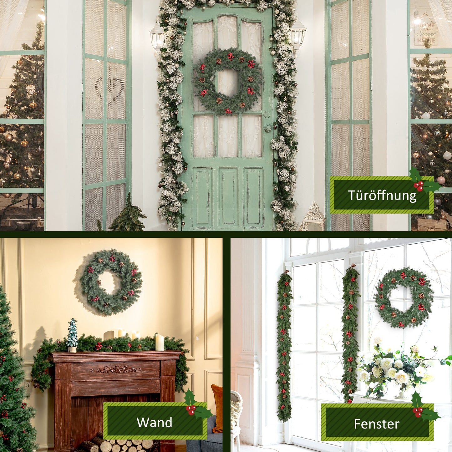 HOMCOM Tannenkranz Türkranz Weihnachtskranz Rückseite mit aufhänge Öse PE Grün Ø60 x 8 cm