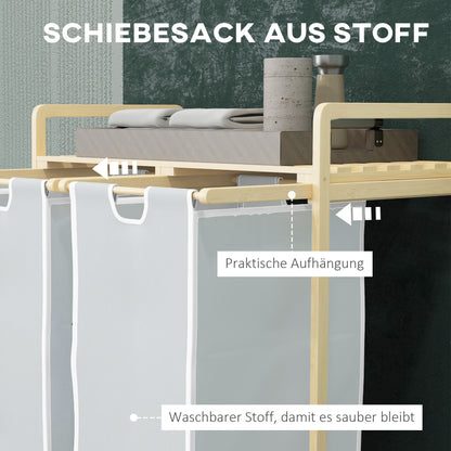 HOMCOM Wäschekorb mit 2 Waschsäcken, 1 Ablage, Bambus, 63,5 cm x 33 cm x 73 cm, Hellgrau + Natur