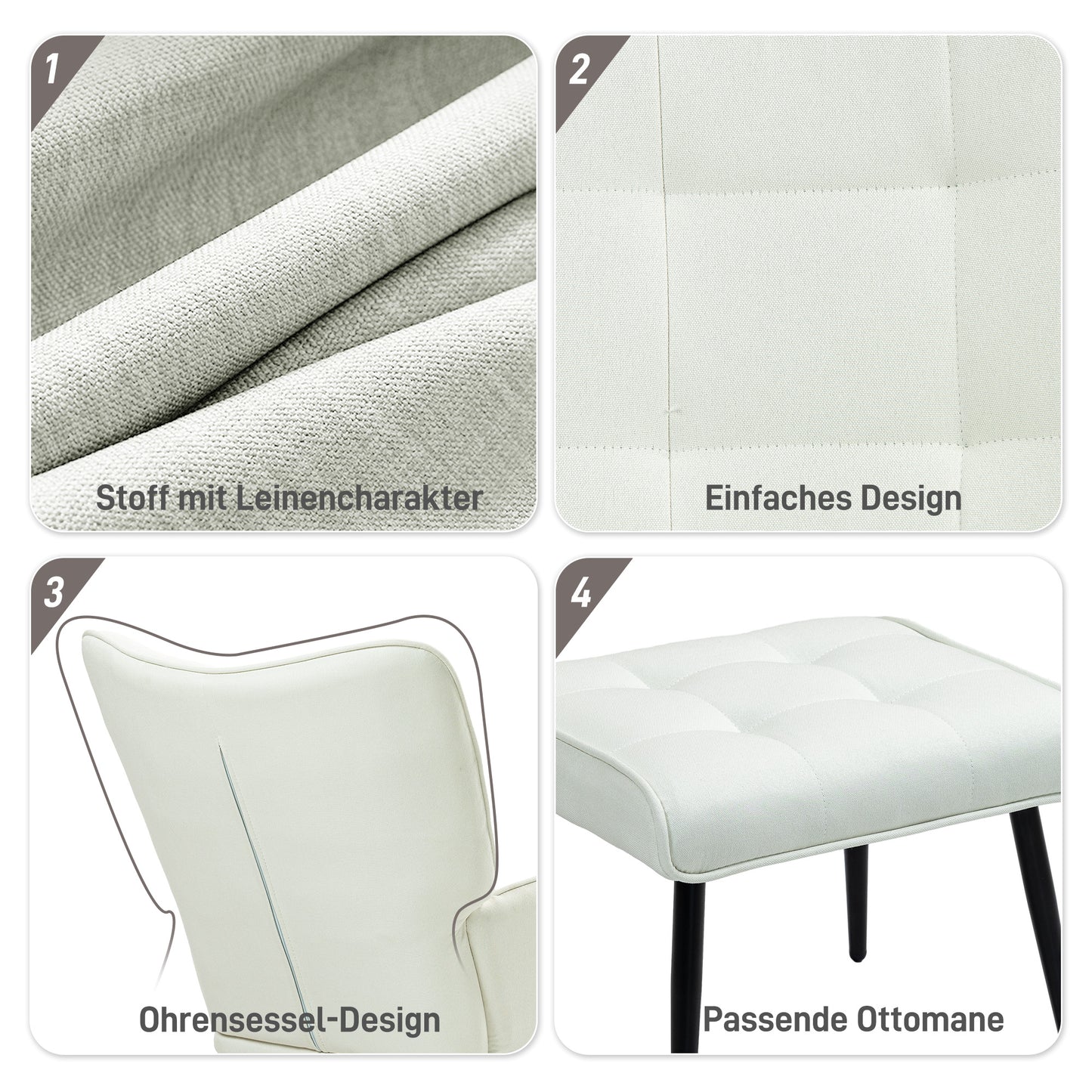 HOMCOM Schaukelstuhl mit Hocker, sanftes Schaukelsystem, Leinenimitat, 64 x 89 x 90 cm, Cremeweiß