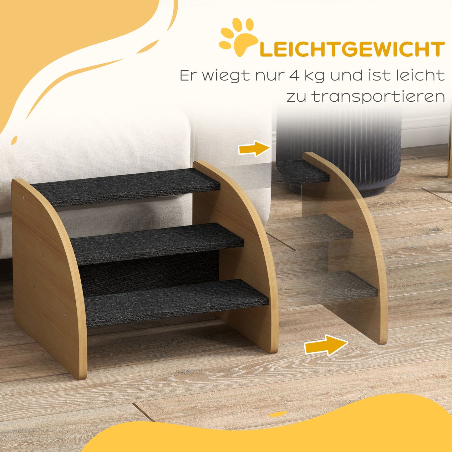 PawHut Haustiertreppe Hundetreppe, 3 Stufen, kleiner Hund, 38,5 cm x 38,5 cm x 30 cm, Eiche + Schwarz