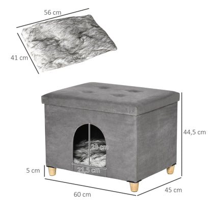 PawHut 2-IN-1 Katzenhöhle Fußhocker mit Kissen Holzbeine Katzenhaus Katzenkorb weich gepolstert Ottomane elegantes Design abnehmbar MDF Plüsch Grau 60 x 45 x 44,5 cm