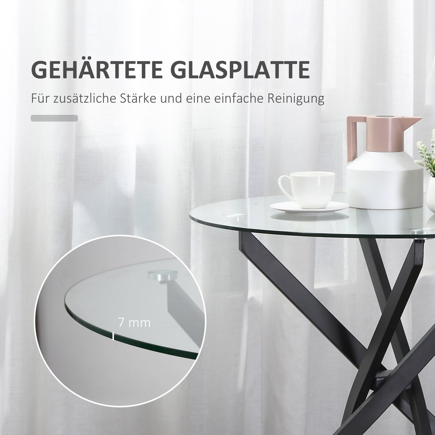 HOMCOM Moderner Glas-Esstisch, 80 cm Durchmesser, Küchentisch mit gehärteter Glasplatte und Metallbeinen, für 4 Personen
