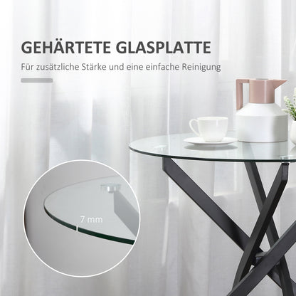HOMCOM Moderner Glas-Esstisch, 80 cm Durchmesser, Küchentisch mit gehärteter Glasplatte und Metallbeinen, für 4 Personen