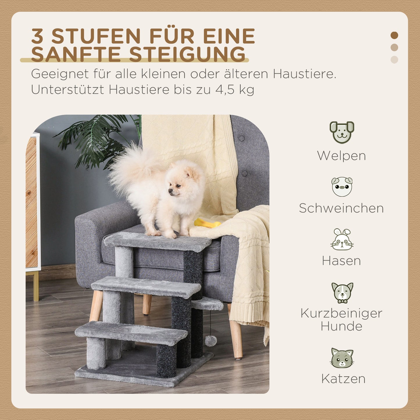 PawHut Katzentreppe 3-stufige Haustiertreppe mit Kratzsäulen Ball Hundetreppe Tiertreppe für Katzen bis 5 kg Plüsch Jute Grau 45 x 40 x 48 cm