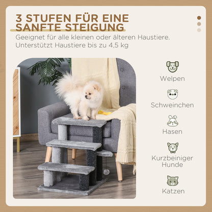 PawHut Katzentreppe 3-stufige Haustiertreppe mit Kratzsäulen Ball Hundetreppe Tiertreppe für Katzen bis 5 kg Plüsch Jute Grau 45 x 40 x 48 cm