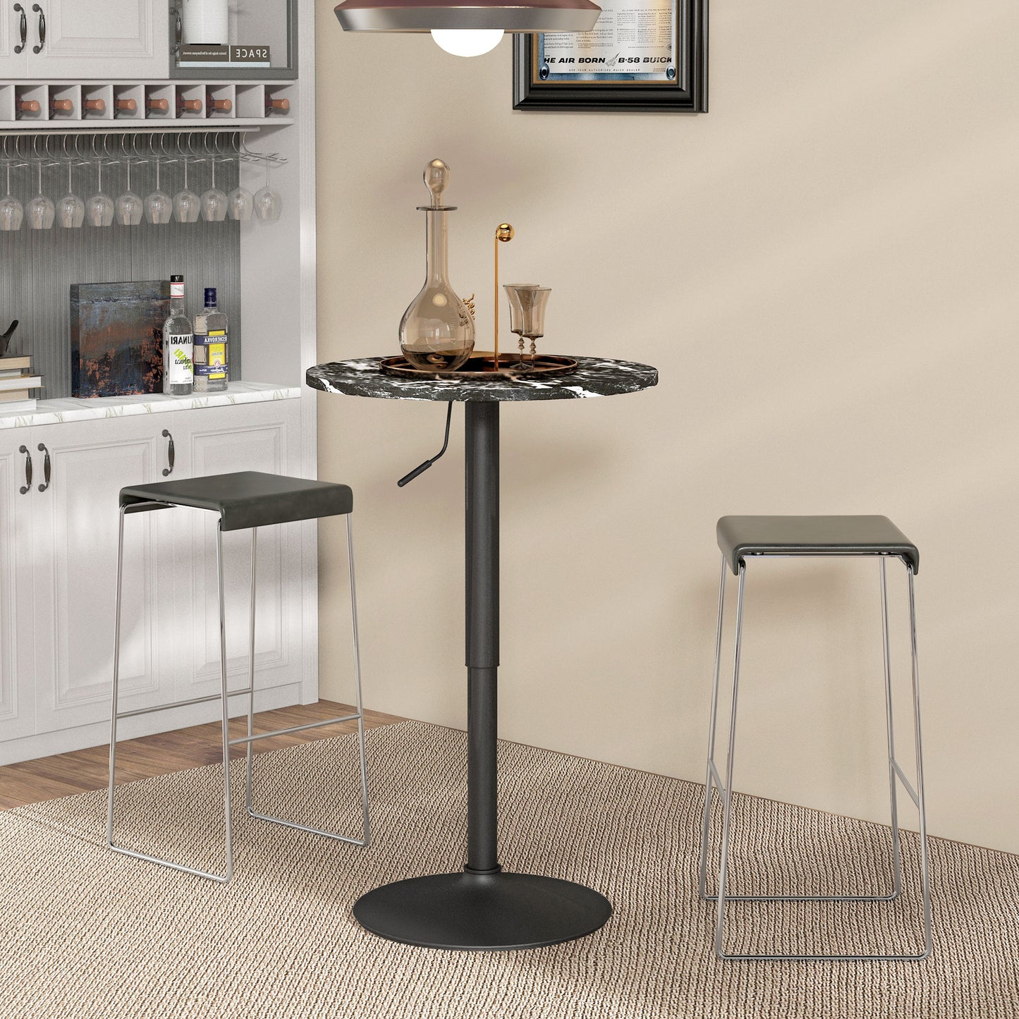 HOMCOM Bartisch für 2 Personen, höhenverstellbar, Marmoroptik, 60 x 60 x 68-93,5 cm, Schwarz