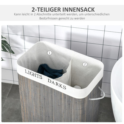 HOMCOM 100L Wäschekorb mit 3 Griffen, mit waschbarem Wäschesack, Bambus, Polyester, Baumwolle, Metall, 52 x 32 x 63 cm, Grau
