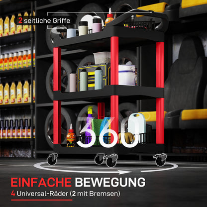 HOMCOM Werkzeugwagen mit 3 Ebenen, seitliche Griffe, Räder, Kunststoff, Rot