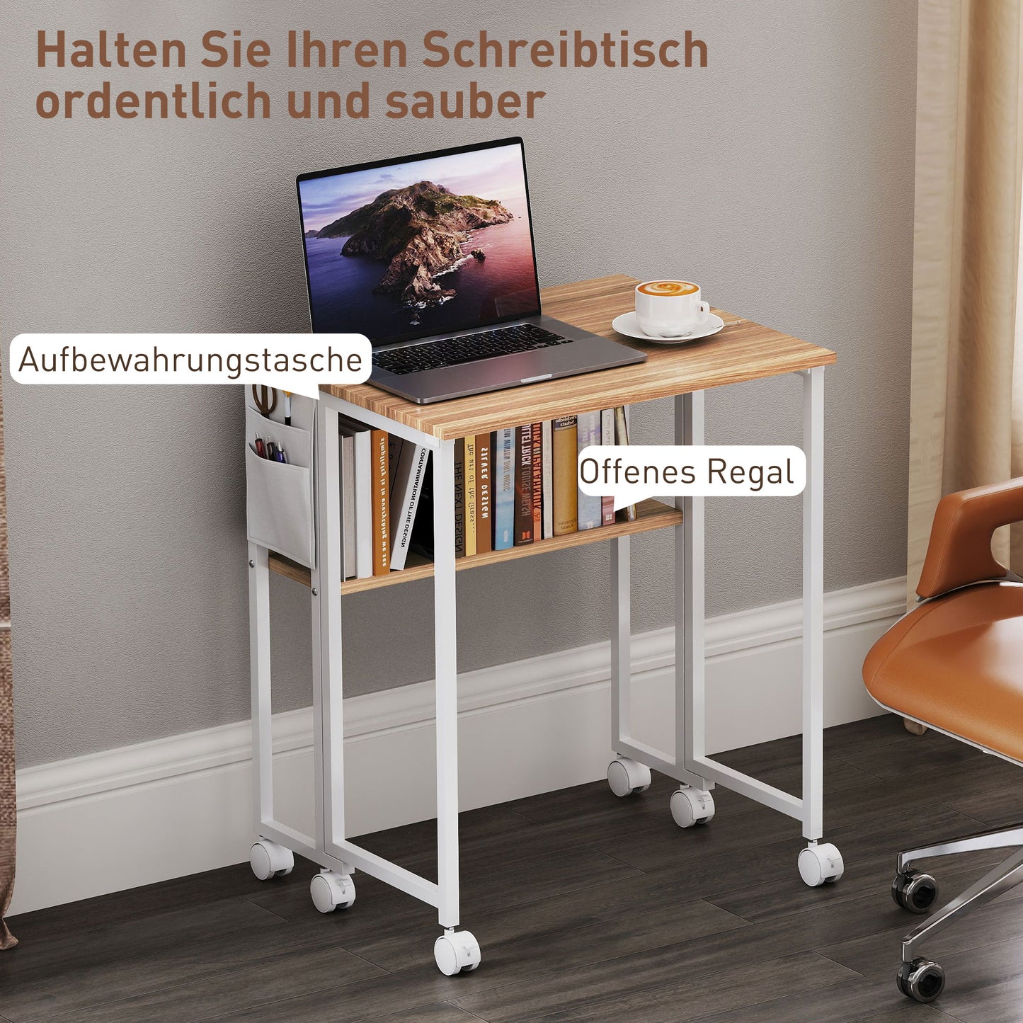 HOMCOM Faltbarer Schreibtisch, zum Beistelltisch umwandelbar, offenes Regal, Natur