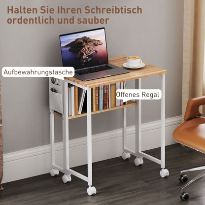 HOMCOM Faltbarer Schreibtisch, zum Beistelltisch umwandelbar, offenes Regal, Natur