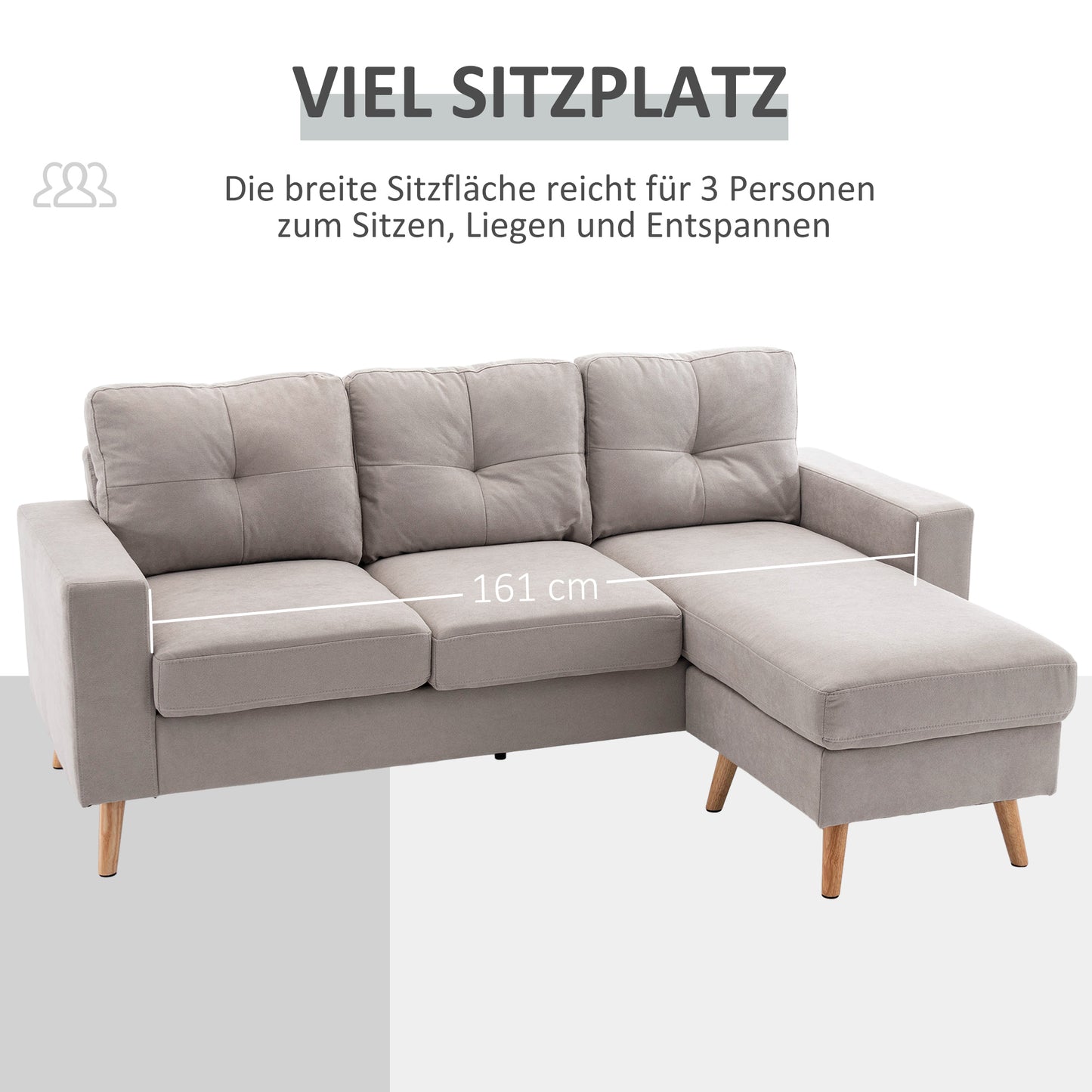 HOMCOM 3-Sitzer-Ecksofa, Leinenoptik, Wendbare Chaiselongue, 193x136x85 cm, Hellgrau