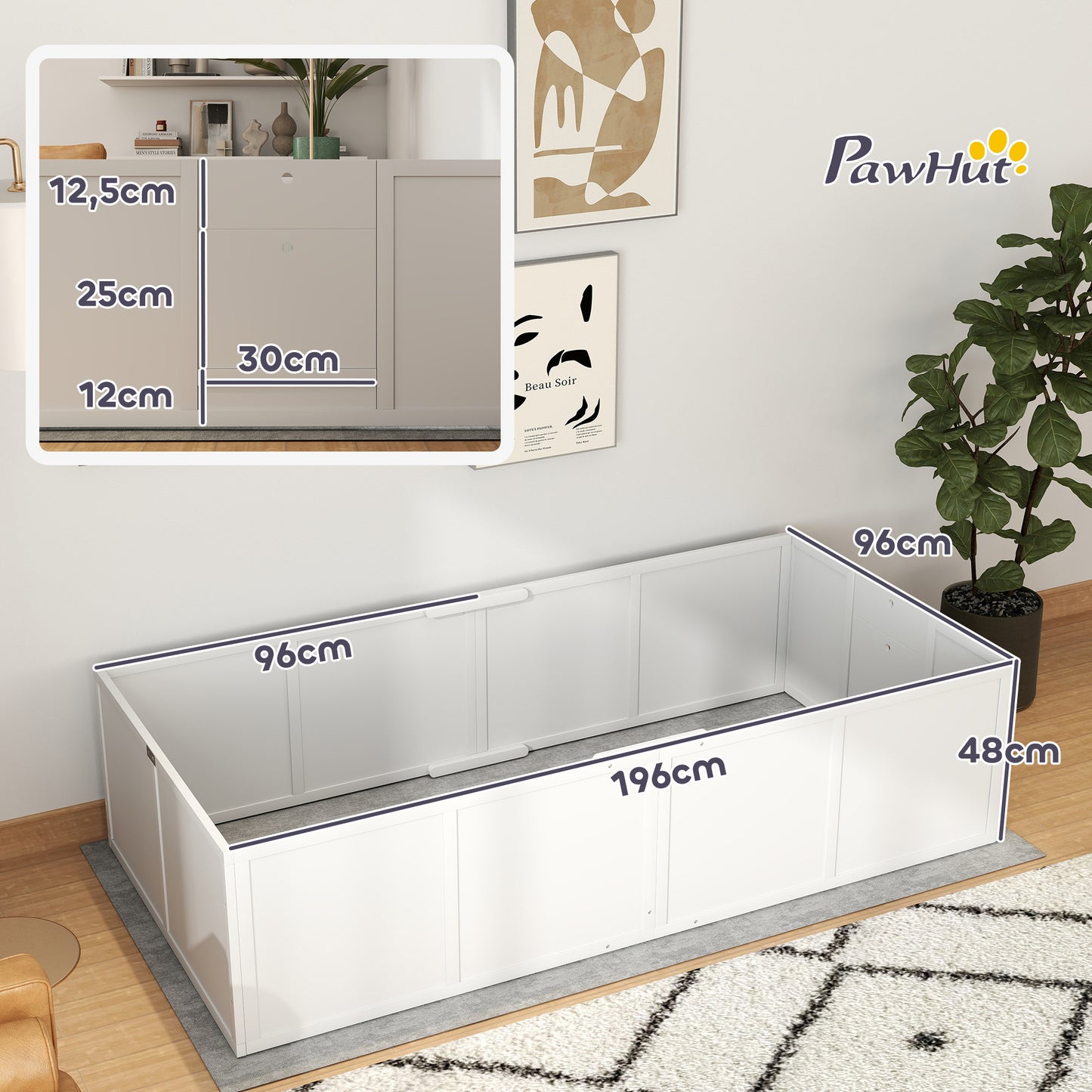 PawHut Hunde-Wurfbox für Hunde und Welpen, mit verstellbaren Eingängen, für große and small Hunde, 196 x 96 x 48 cm, Weiß