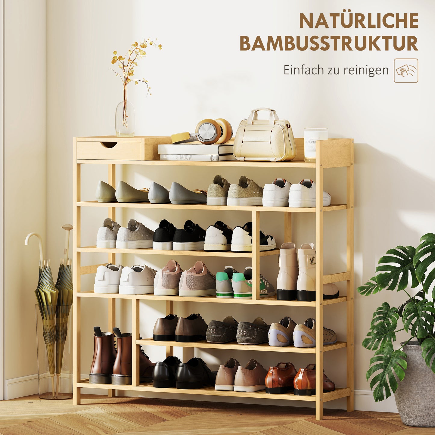 HOMCOM Schuhregal, Schuhständer mit 6 Ebenen, Schublade aus Bambus, für max. 18 Paar Schuhe, Schuhablage für Eingang, Schlafzimmer, 101 x 30 x 100 cm, Natur