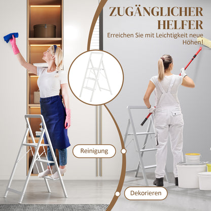 HOMCOM 3-stufige Trittleiter, Aluminum faltbar, rutschfeste Plattform, Weiß