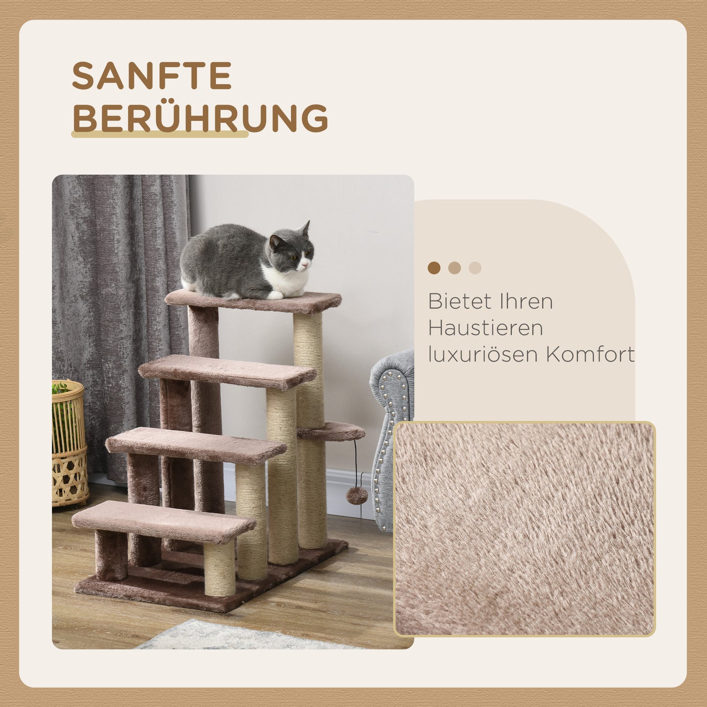 PawHut Haustiertreppe, Kratzbaum, 4-stufig, für Tiere bis 5 kg, 60x40x64cm, Braun