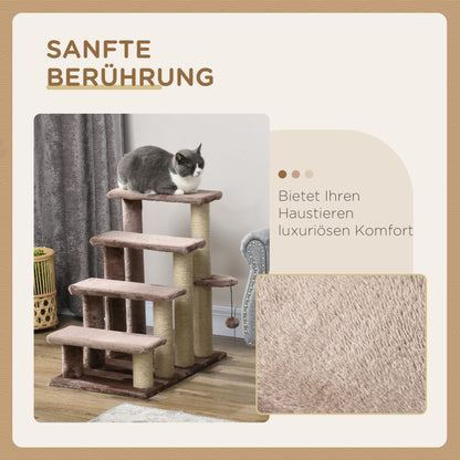 PawHut Haustiertreppe, Kratzbaum, 4-stufig, für Tiere bis 5 kg, 60x40x64cm, Braun