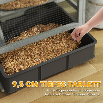 PawHut 4-stufiger Hamsterkäfig aus Holz, mit Hütten, Wippe, Futterschalen, Rampen, Rollen, 65 x 45 x 109 cm, Grau