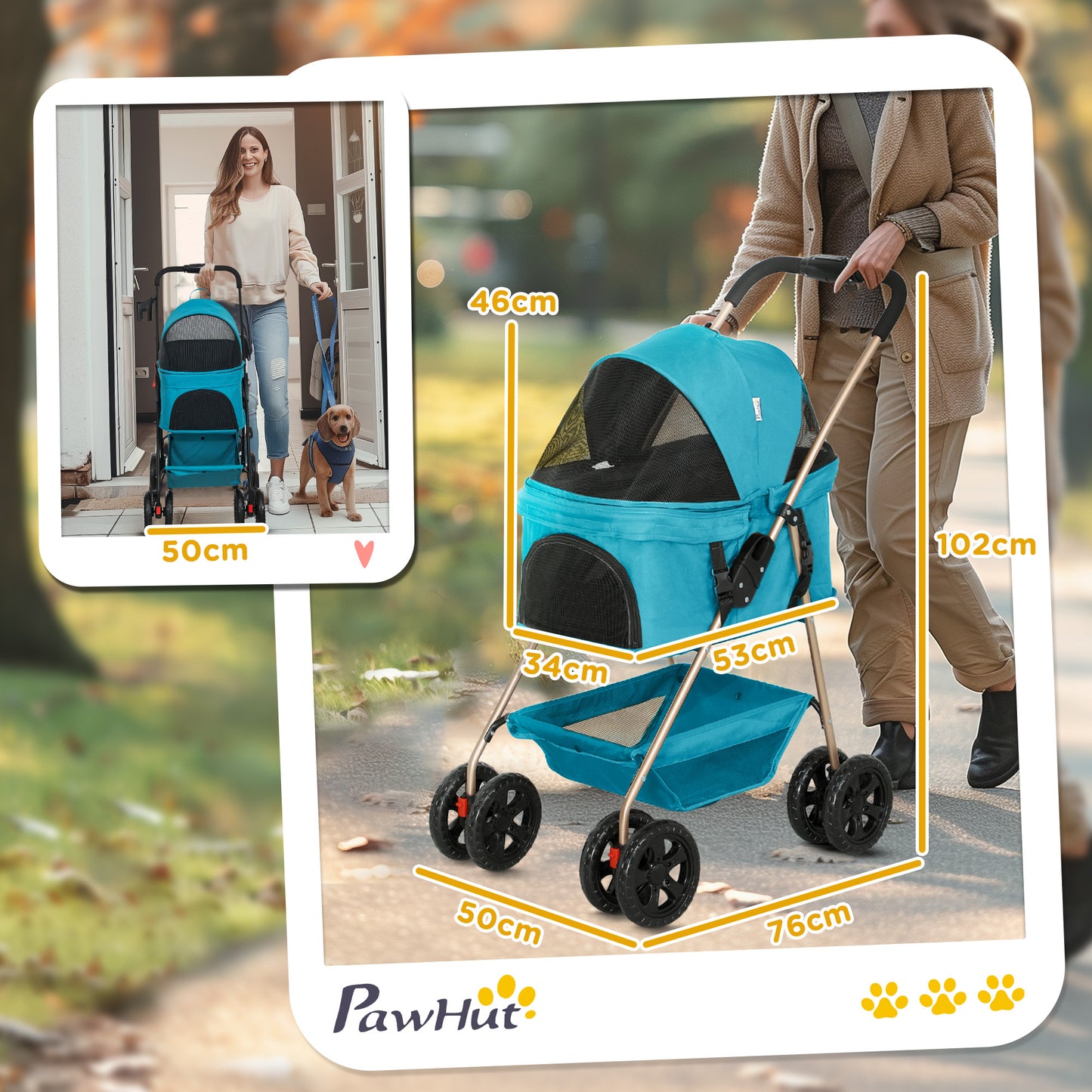 PawHut 3-in-1-Haustierkinderwagen, zusammenklappbarer Hundewagen mit 4 Rädern und abnehmbarer Trage für Hunde und Katzen Türkis