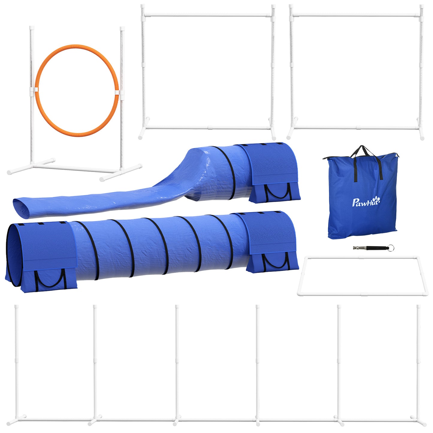 PawHut Hunde-Agiliy-Set Hundeparcours, 1 Reifen, 2 Tunnel 2 Hürden, 321 cm x 63c mx 93 cm, Blau + Rot+ Weiß