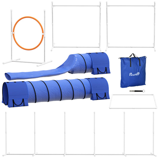 PawHut Hunde-Agiliy-Set Hundeparcours, 1 Reifen, 2 Tunnel 2 Hürden, 321 cm x 63c mx 93 cm, Blau + Rot+ Weiß
