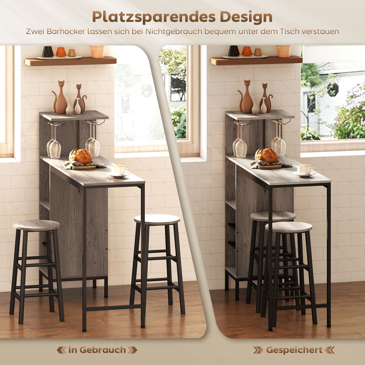 HOMCOM 3-tlg. Bartisch-Set mit Stauraum, Weinregalen, Glashaltern, Hockern mit Fußstütze, für kleine Räume, Grau