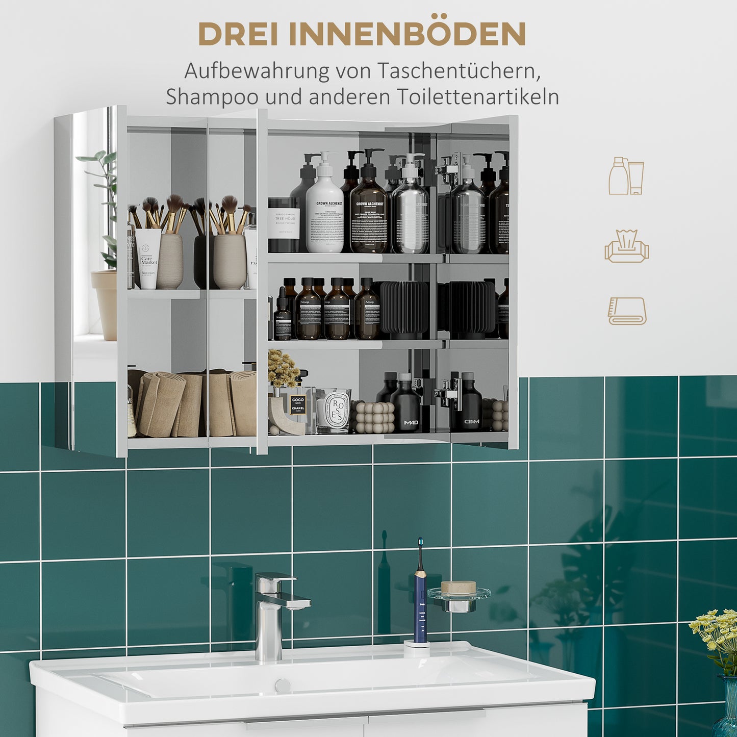 kleankin Spiegelschrank, Badschrank, 3 Spiegeltüren, 5 Innenböden, Edelstahl, Farbe: Silber, 70 x 12 x 55 cm