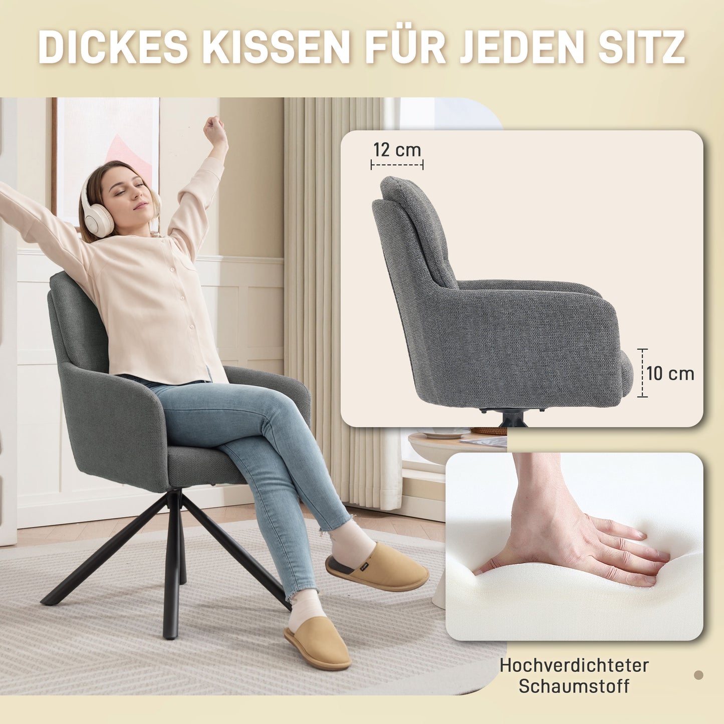 HOMCOM Gepolsterter Esszimmerstuhl, Küchenstuhl mit dicker Polsterung, Armlehnen, Metallbeine, Grau