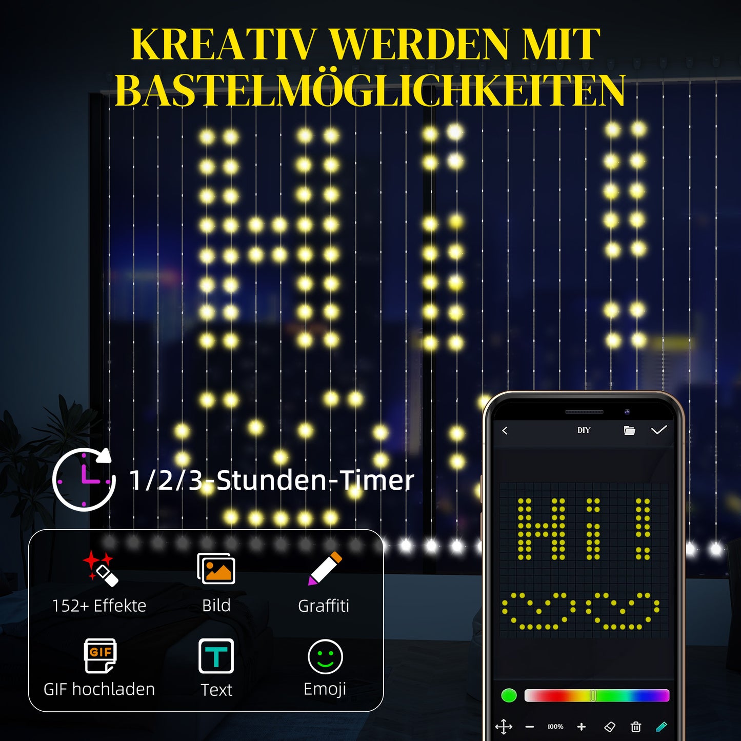 HOMCOM Vorhang mit 400 LED-Lichtern, Dynamische Lichterketten mit Musiksynchronisation für Schlafzimmer, Wohnzimmer, 3 x 3 m
