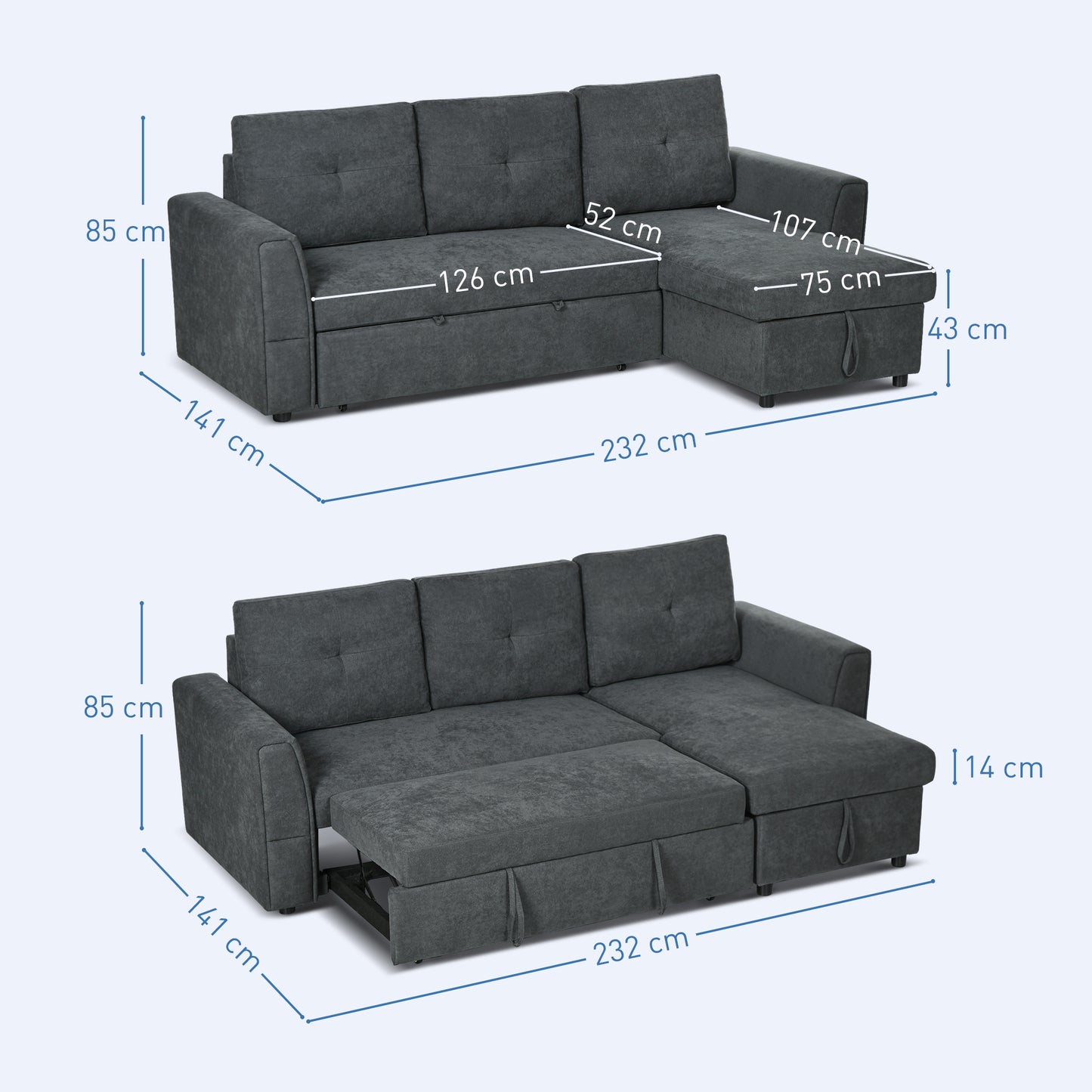 HOMCOM 3-Sitzer-Sofa mit Bettfunktion, Schlafsofa mit Chaiselongue, Polstersofa, Dunkelgrau