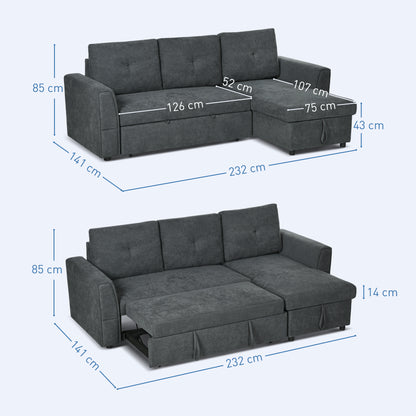 HOMCOM 3-Sitzer-Sofa mit Bettfunktion, Schlafsofa mit Chaiselongue, Polstersofa, Dunkelgrau