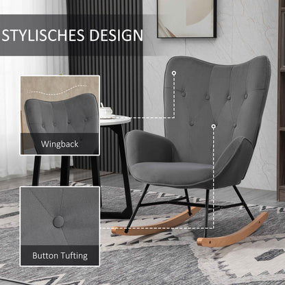 HOMCOM Schaukelstuhl mit Steppung, Holzkufen, Samtoptik, bis 150 kg, Dunkelgrau