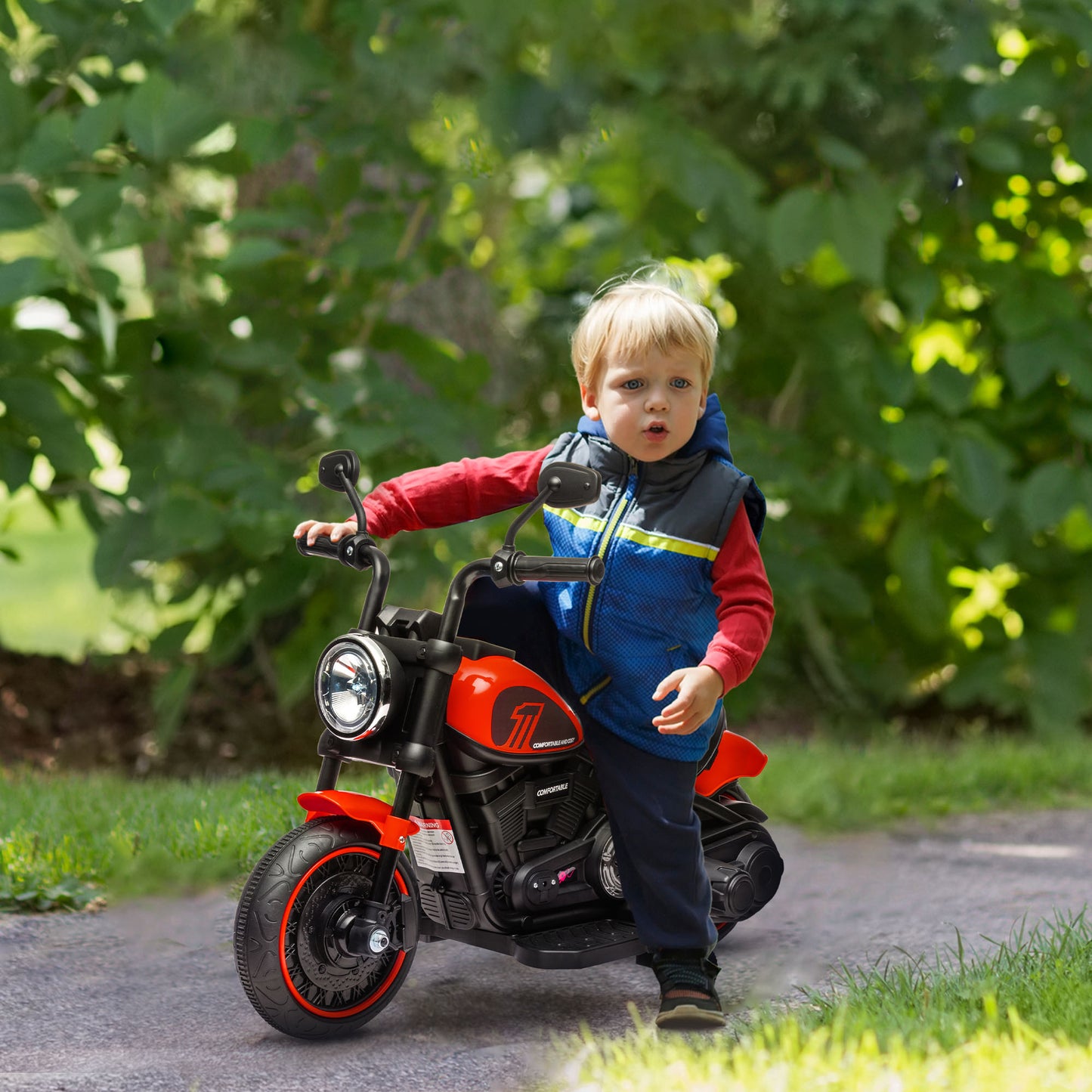 HOMCOM Elektro-Kindermotorrad mit Scheinwerfer, abnehmbare Stützräder, 76x42x57 cm, Rot/Schwarz