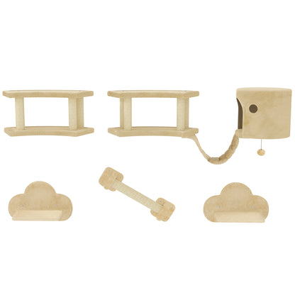 PawHut 5-teiliges Katzen-Kletterset mit Kratzpfosten, Sprungplattformen, Leiter, Haus, Wandmontage, Beige