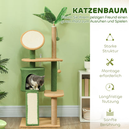 PawHut Kratzbaum, 139 cm Katzenbaum mit Höhle, Spielbällen, Sisal-Kratzpfosten och Plattformen, für zwei Katzen, Grün
