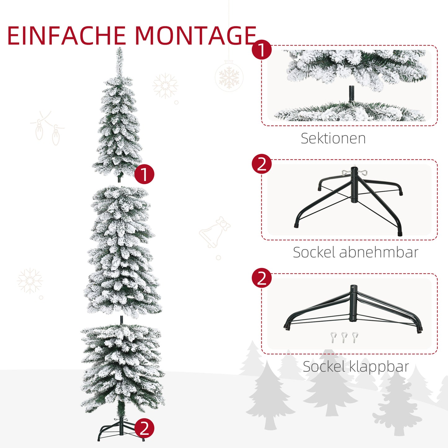 HOMCOM Künstlicher Weihnachtsbaum, schneebedeckt, schmales Design, feuerfest, 210 cm, Grün/Weiß