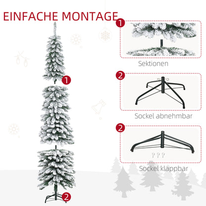 HOMCOM Künstlicher Weihnachtsbaum, schneebedeckt, schmales Design, feuerfest, 210 cm, Grün/Weiß