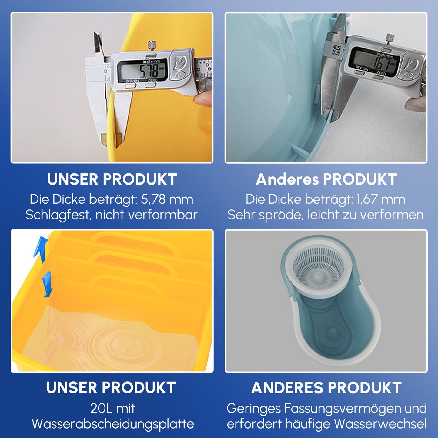 HOMCOM 20 L Mopp-Eimer mit Auswringer und Griff, Wischmopp-Eimer auf Rädern, Kunststoff, Gelb