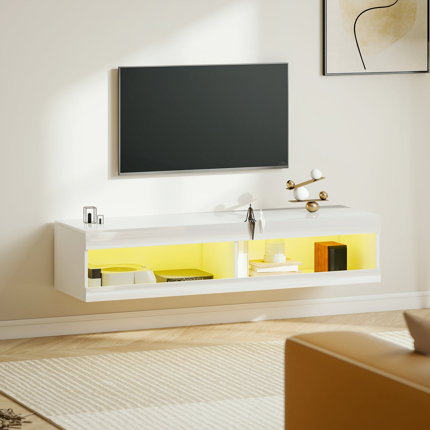 HOMCOM TV Schrank, Hängendes TV Lowboard mit RGB LED-Beleuchtung in 16 Farben, TV Ständer mit offenen Stauraum, für 55-60 Zoll Fernseher, für Wohnzimmer, Schlafzimmer, 140 x 40 x 30 cm, Hochglanzweiß