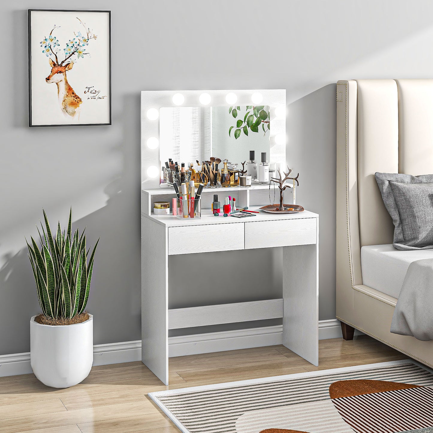 HOMCOM Frisiertisch mit beleuchtetem Spiegel, Schubladen, 3 Lichtoptionen, 10 Glühbirnen, moderner Schminktisch in Weiß