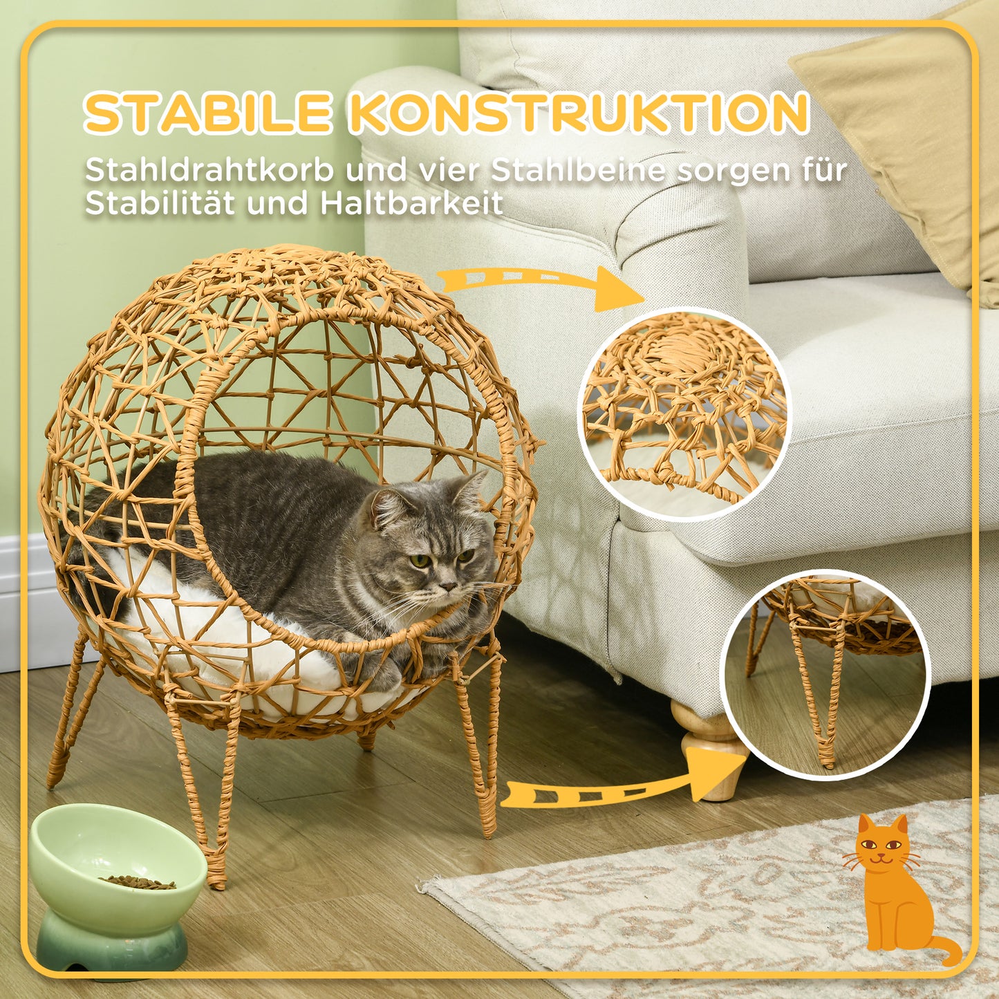 Pawhut Rattan Katzenkorb Katzenhöhle Katzenhütte Katzenbett mit Kissen erhöhtes Design Haustierbett Braun Ø45 x 57H cm