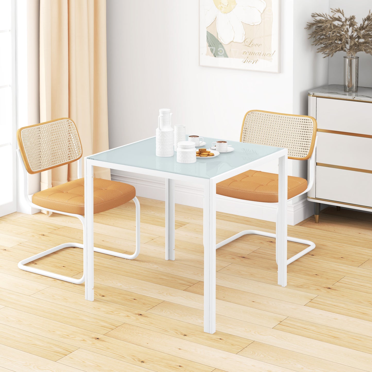 HOMCOM Quadratischer Esstisch für 4 Personen, Tischplatte aus Hartglas, für Küche und Esszimmer, 75 x 75 x 75 cm, Weiß