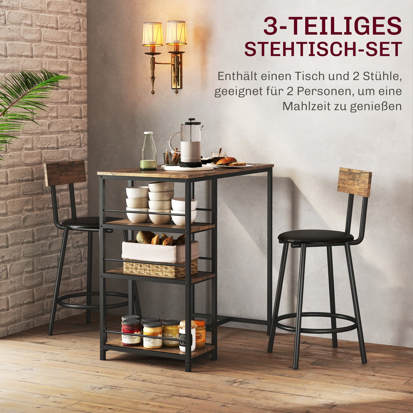 HOMCOM 3-teiliges Ess-Set mit Bartisch und 2 Stühlen, Kleines Küchenset mit seitlichen Regalen, MDF, Metall, Schwarz