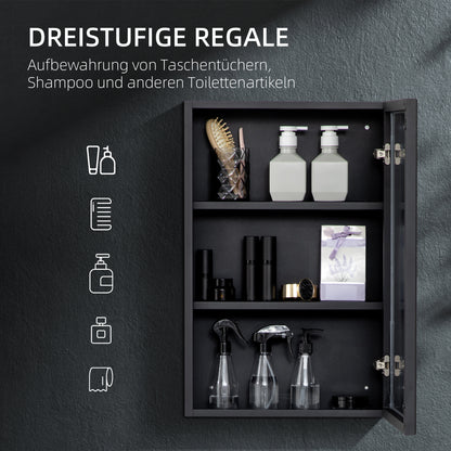 kleankin Spiegelschrank, Badschrank, 3 Regalfächer, Edelstahl, 40x12x60cm, Schwarz