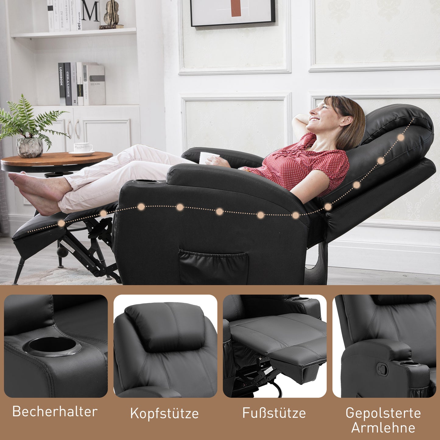 HOMCOM Massagesessel Elektrisch Relaxsessel Fernsehsessel Massagefunktion 5 Massage-Modi Liegefunktion Kunstleder Holz Metall Schaumstoff Schwarz 84 x 92 x 109 cm