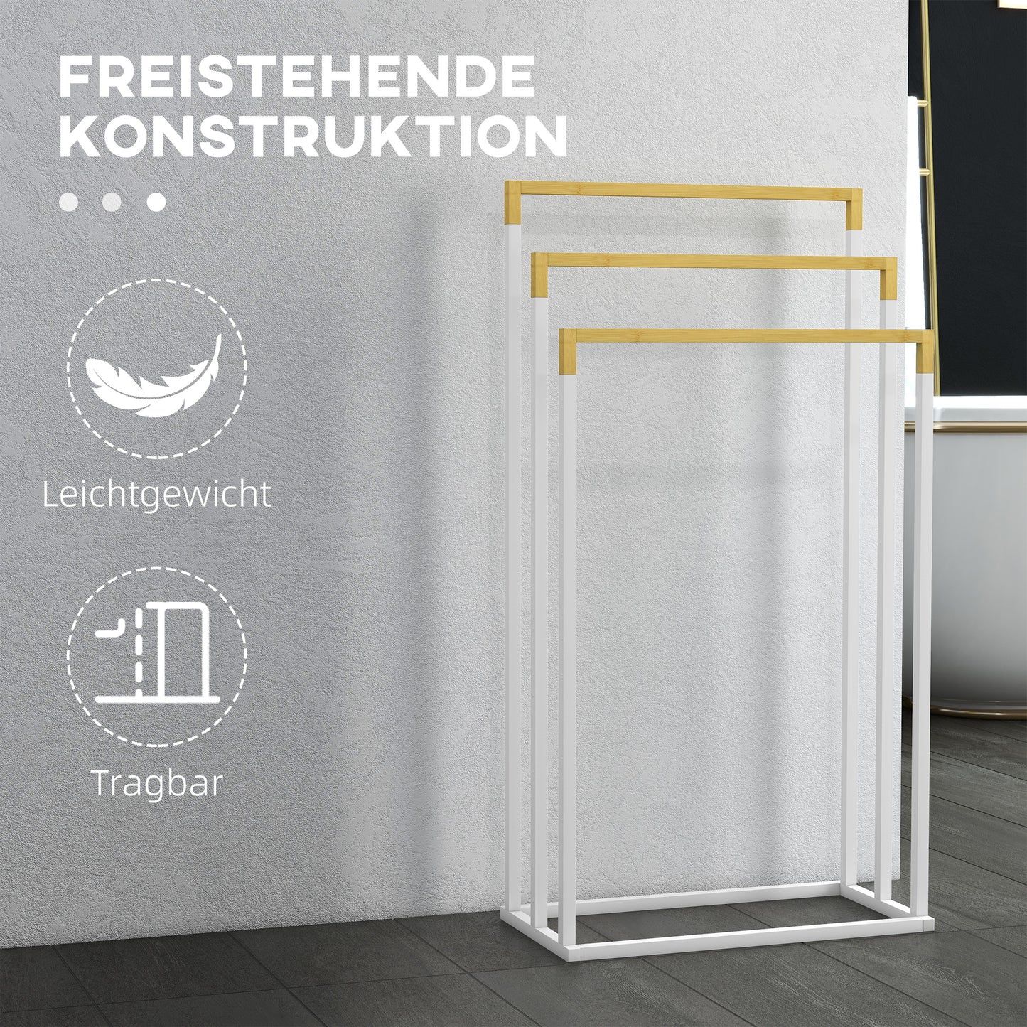kleankin Handtuchhalter Handtuchalter-Set 3 Handtuchstangen, Industriedesign, Bambus, 45 x 22,5 x 86 cm, Weiß + Natur