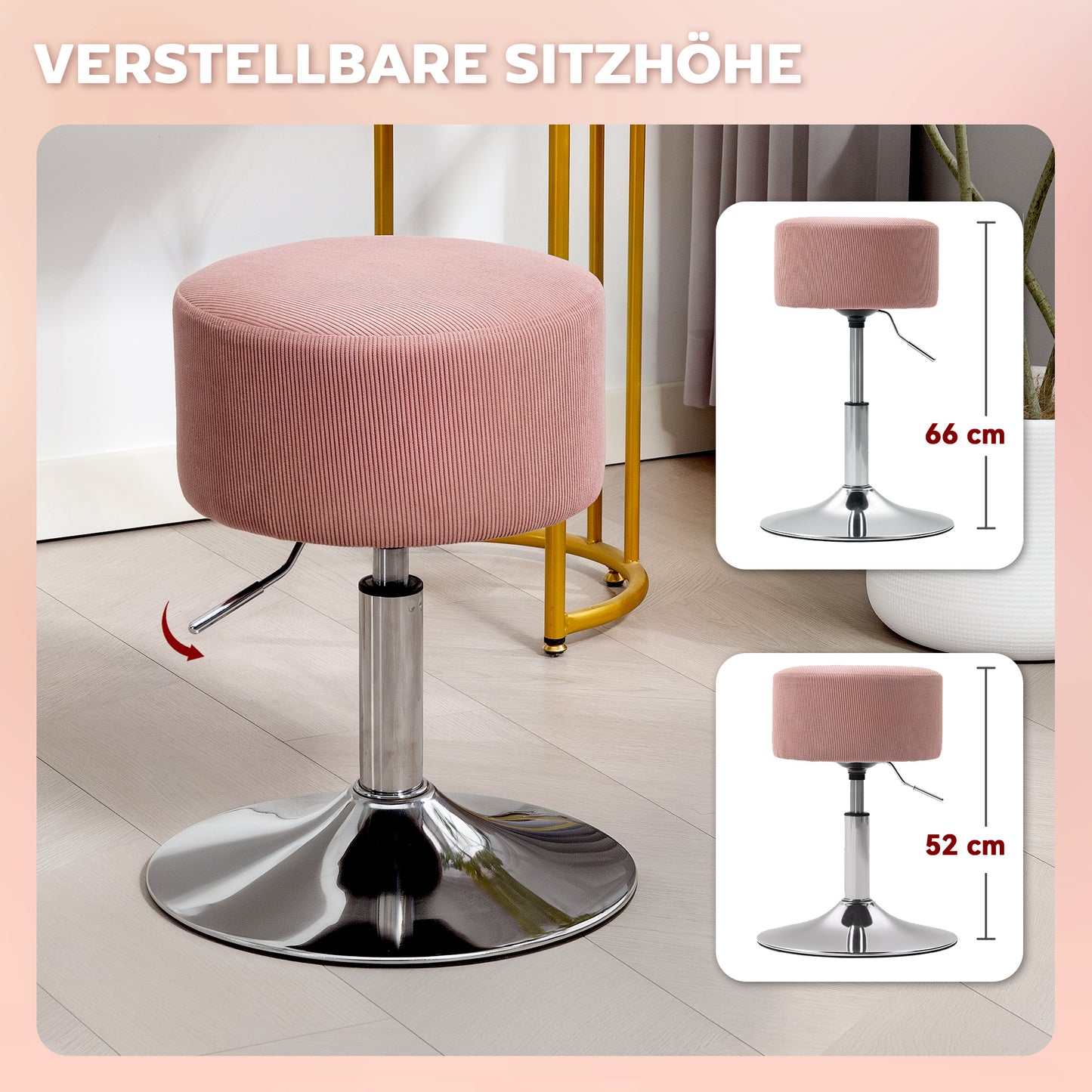 HOMCOM Barhocker, Gepolstert Barstuhl mit Metallgestell, Cordoptik, Höhenverstellbar 360° Drehbar Rosa
