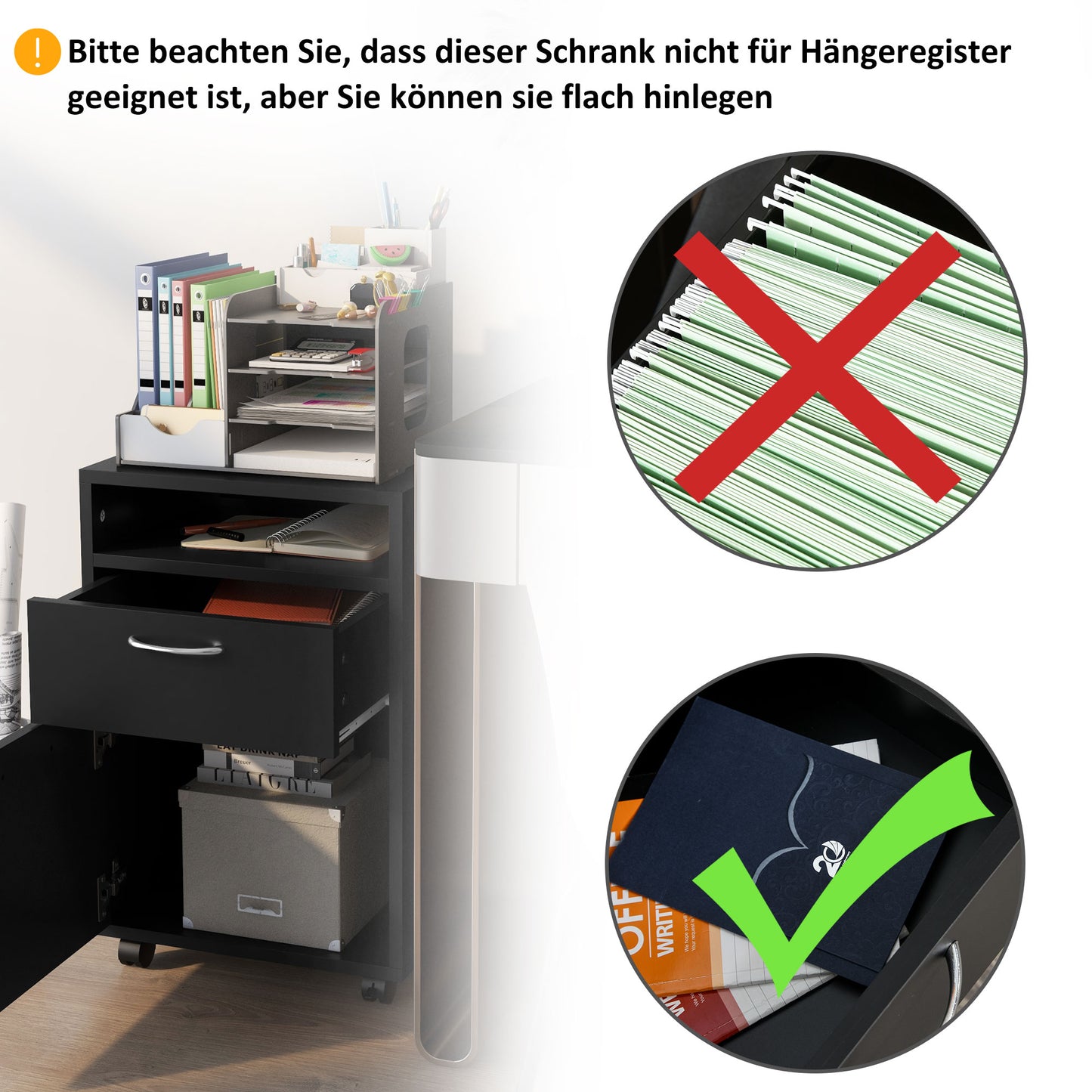 HOMCOM Rollcontainer Schubladencontainer Container, 1 Fach, 1 Regal, 1 Schublade, 40 cm x 3 cm x 60 cm, Schwarz