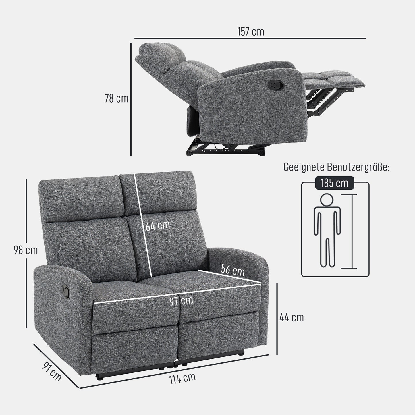 HOMCOM 2-Sitzer-Sofa, individuell verstellbare Rückenlehnen, Fußstütze, Stoffbezug, Stahl, Grau
