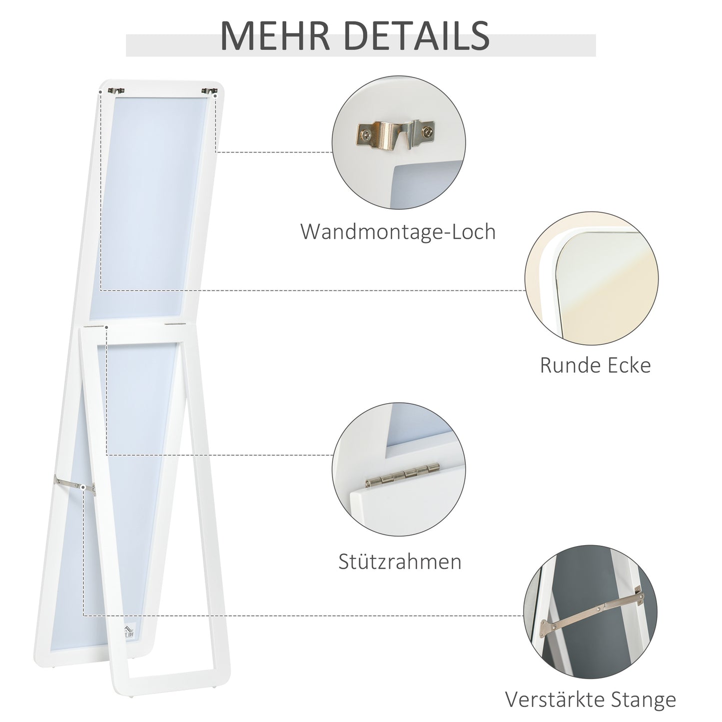 HOMCOM Standspiegel Ganzkörperspiegel mit klappbaren Rahmen Schminkspiegel frei stehend oder an der Wand montiert stabil für Wohnzimmer oder Ankleidezimmer Kiefernholz MDF Weiß 37 x 43 x 156 cm